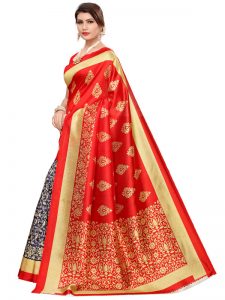 Urban Red Navy Art Silk Printed Saree With Blouse