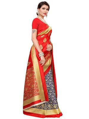 Urban Red Navy Art Silk Printed Saree With Blouse