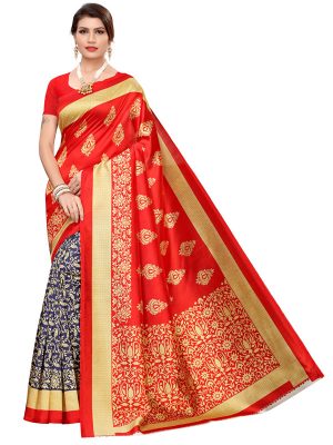 Urban Red Navy Art Silk Printed Saree With Blouse