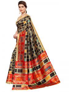 Valentine Black Art Silk Printed Saree With Blouse