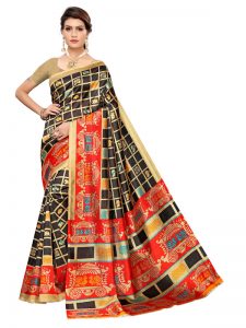 Valentine Black Art Silk Printed Saree With Blouse