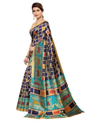 Valentine Navy Art Silk Printed Saree With Blouse