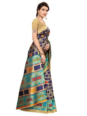 Valentine Navy Art Silk Printed Saree With Blouse
