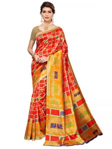 Valentine Red Art Silk Printed Saree With Blouse