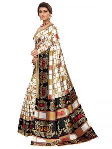 Valentine White Black Art Silk Printed Saree With Blouse