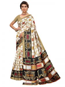 Valentine White Black Art Silk Printed Saree With Blouse