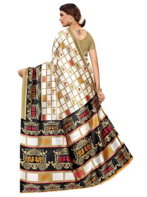 Valentine White Black Art Silk Printed Saree With Blouse