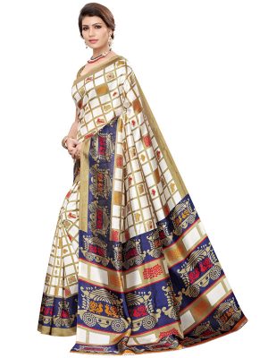 Valentine White Navy Art Silk Printed Saree With Blouse