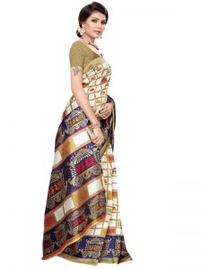 Valentine White Navy Art Silk Printed Saree With Blouse