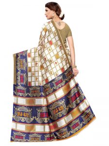 Valentine White Navy Art Silk Printed Saree With Blouse