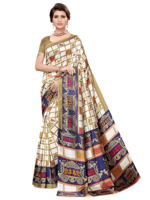 Valentine White Navy Art Silk Printed Saree With Blouse