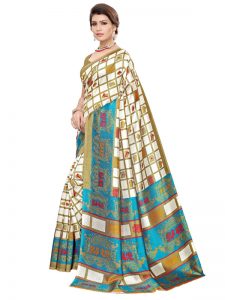 Valentine White Rama Art Silk Printed Saree With Blouse