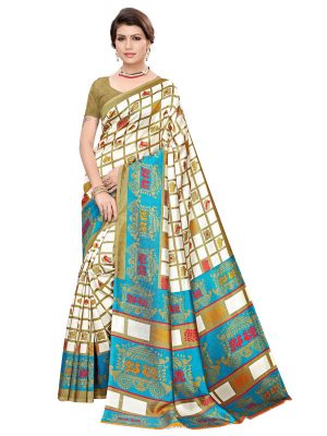 Valentine White Rama Art Silk Printed Saree With Blouse