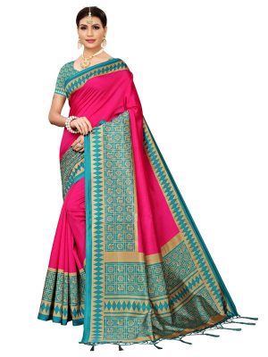 Anjana Pink Banarasi Art Silk Printed Saree With Blouse