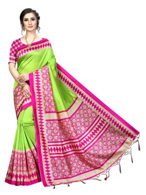 Biba Green Banarasi Art Silk Printed Saree With Blouse