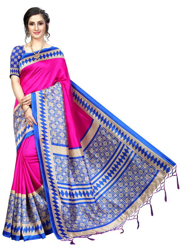 Biba Pink Banarasi Art Silk Printed Saree With Blouse Zakarto
