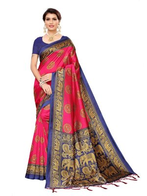 Chota Haathi Pink Banarasi Art Silk Printed Saree With Blouse