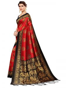 Chota Haathi Red Banarasi Art Silk Printed Saree With Blouse