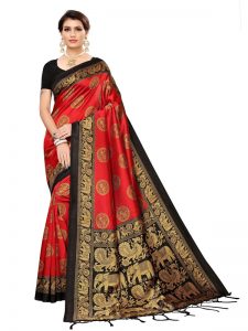 Chota Haathi Red Banarasi Art Silk Printed Saree With Blouse