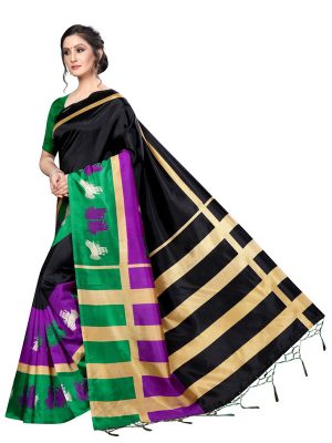 Finger Black Banarasi Art Silk Printed Saree With Blouse