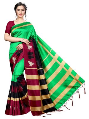 Finger Green Banarasi Art Silk Printed Saree With Blouse