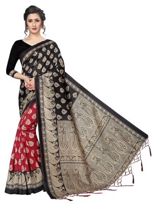 Gulmohar Black Red Banarasi Art Silk Printed Saree With Blouse