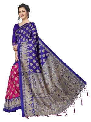 Gulmohar Blue Pink Banarasi Art Silk Printed Saree With Blouse