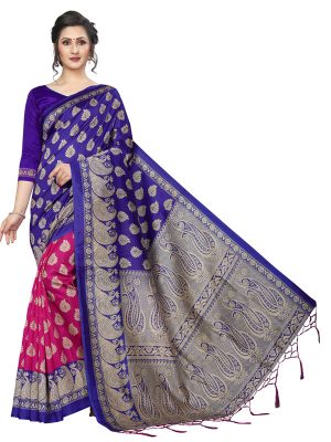 Gulmohar Blue Pink Banarasi Art Silk Printed Saree With Blouse