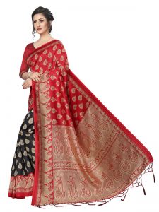 Gulmohar Red Black Banarasi Art Silk Printed Saree With Blouse