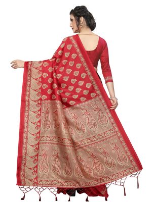 Gulmohar Red Black Banarasi Art Silk Printed Saree With Blouse