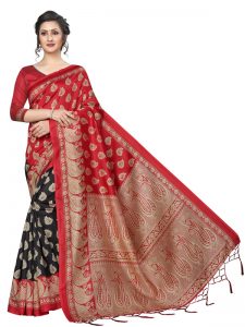 Gulmohar Red Black Banarasi Art Silk Printed Saree With Blouse