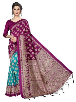 Gulmohar Wine Rama Banarasi Art Silk Printed Saree With Blouse