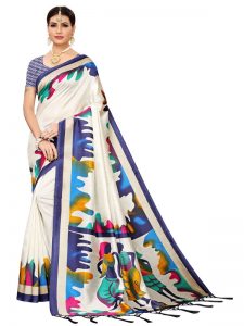 Phulkari Blue Banarasi Art Silk Printed Saree With Blouse