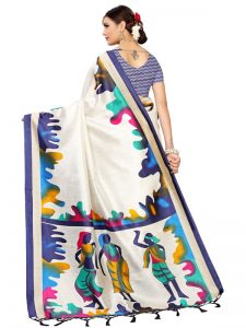 Phulkari Blue Banarasi Art Silk Printed Saree With Blouse