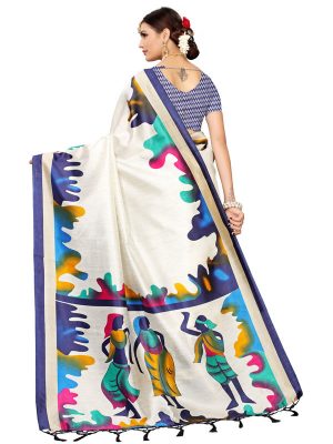 Phulkari Blue Banarasi Art Silk Printed Saree With Blouse