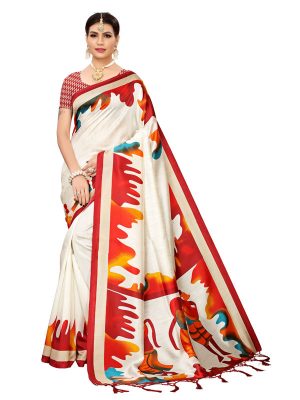 Phulkari Maroon Banarasi Art Silk Printed Saree With Blouse