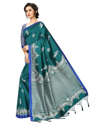 Silver Green Banarasi Art Silk Printed Saree With Blouse