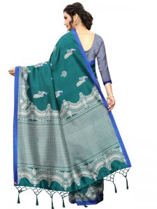 Silver Green Banarasi Art Silk Printed Saree With Blouse