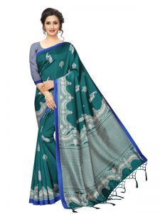Silver Green Banarasi Art Silk Printed Saree With Blouse