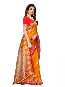 Silver Mor Yellow Banarasi Art Silk Printed Saree With Blouse