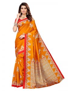 Silver Mor Yellow Banarasi Art Silk Printed Saree With Blouse