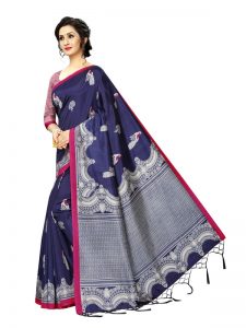 Silver Navy Banarasi Art Silk Printed Saree With Blouse