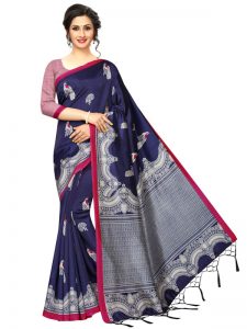 Silver Navy Banarasi Art Silk Printed Saree With Blouse