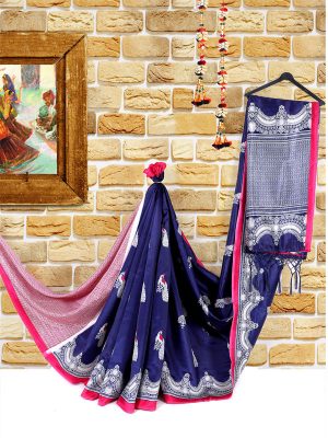 Silver Navy Banarasi Art Silk Printed Saree With Blouse