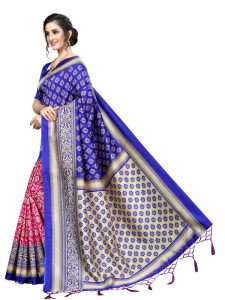 Star Blue Pink Banarasi Art Silk Printed Saree With Blouse