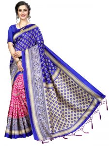 Star Blue Pink Banarasi Art Silk Printed Saree With Blouse