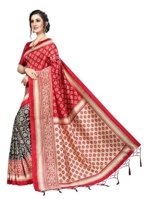 Star Red Black Banarasi Art Silk Printed Saree With Blouse