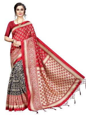Star Red Black Banarasi Art Silk Printed Saree With Blouse