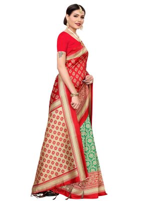 Star Red Rama Banarasi Art Silk Printed Saree With Blouse