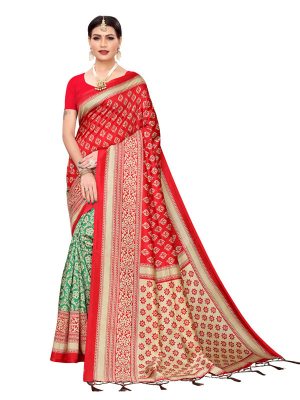 Star Red Rama Banarasi Art Silk Printed Saree With Blouse